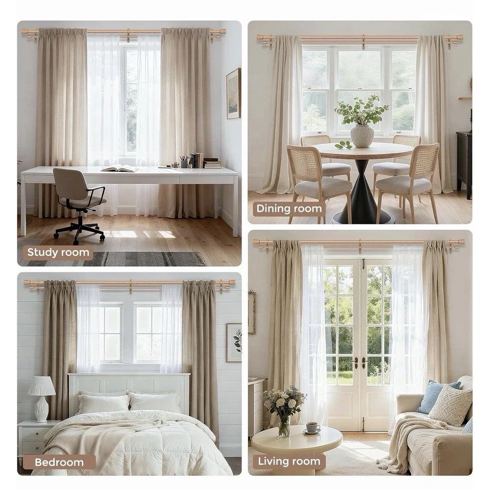 Wood Double Curtain Rod, Boho Decorative Dual Curtain Rod 30-120 In 1 In...